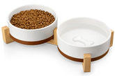 MALACASA ceramic dog bowls with wood stand offer balanced feeding and elegant home integration.