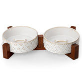 MALACASA dog bowl set with walnut wood stand, elevated feeding for comfort