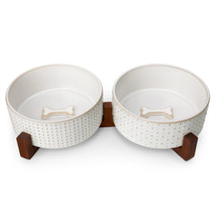 MALACASA dog bowl set with walnut wood stand elevates feeding height for comfort