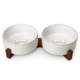 MALACASA dog bowl set on wood stand — full view enhances every room and feeding area