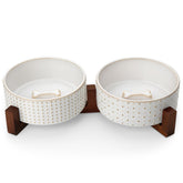 MALACASA dog bowl set with wood stand and rhombic polka pattern for elevated dining