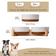 MALACASA dog bowls wood stand side view highlights sturdy construction for mess-free mealtimes.