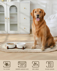 MALACASA walnut stand provides stable elevated dining for pets