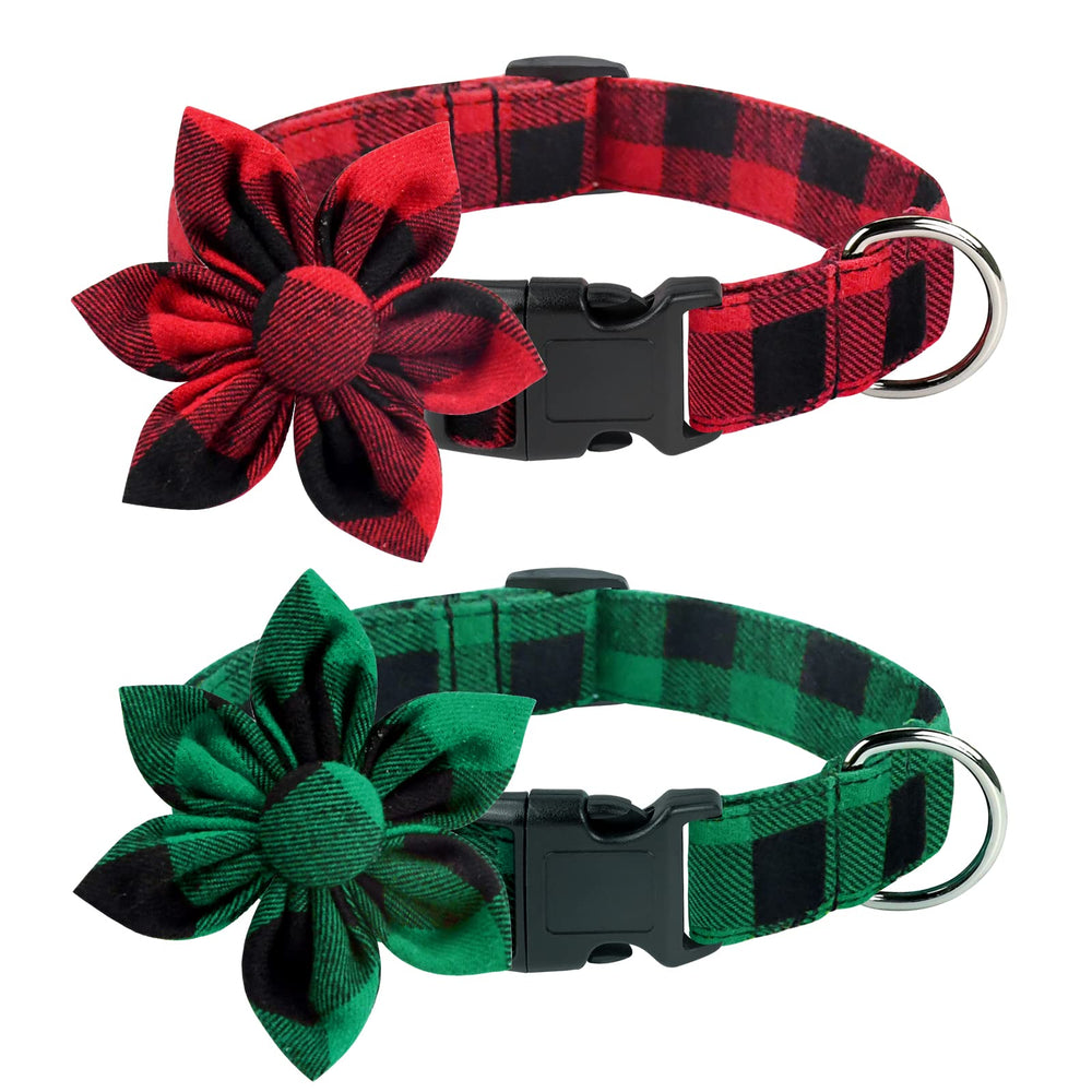 Malier Christmas dog collar with flower on plaid green-red, festive fashion for pets during walks