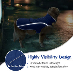 Malier easy-on-off dog coat with belly strap for a snug fit.