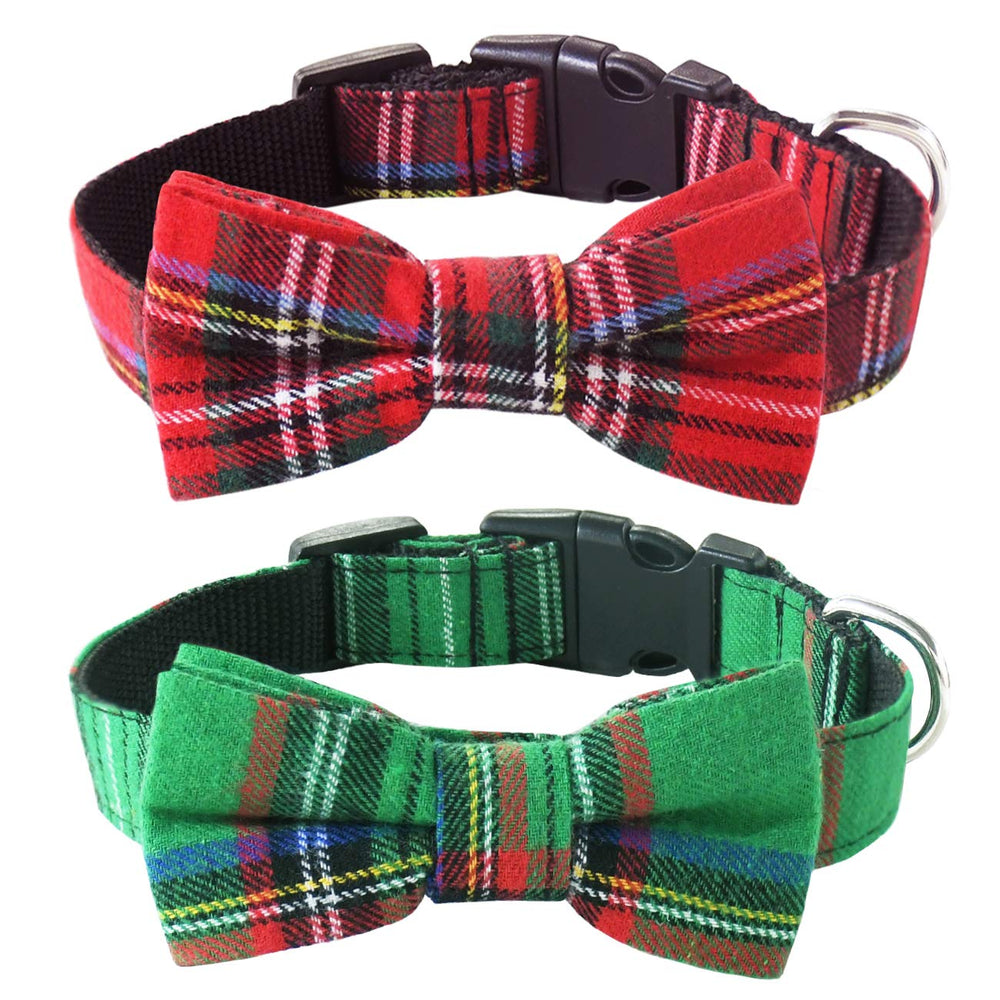 Malier dog-collar-bow-tie-christmas-plaid closeup shows festive style for photos and parties