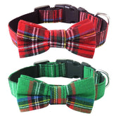 Malier dog-collar-bow-tie-christmas-plaid closeup shows festive style for photos and parties