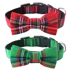 Malier dog-collar-bow-tie-christmas-plaid closeup shows festive style for photos and parties