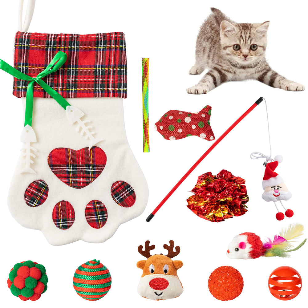 MALLMALL6 Christmas cat stockings toys set provides festive enrichment for indoor cats.