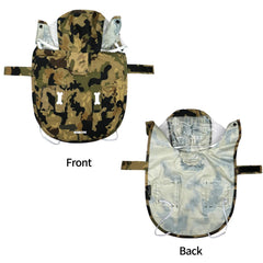 MAMORE waterproof dog raincoat camo back view shows reflective strips for night visibility.