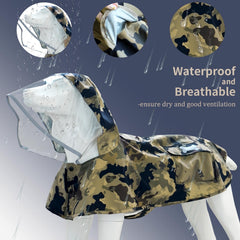MAMORE waterproof dog raincoat camo hood adjustment front view demonstrates head protection in rain.