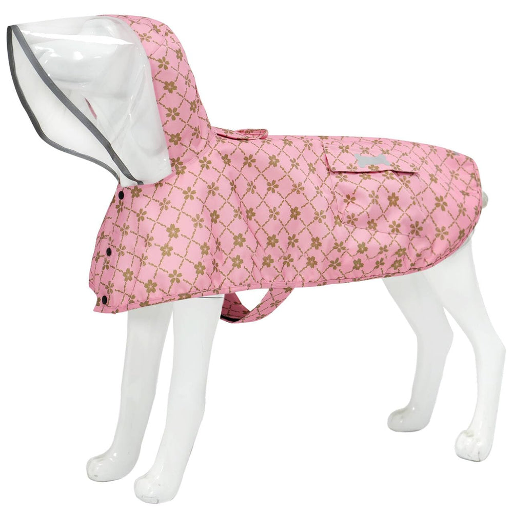 MAMORE waterproof dog raincoat front view shows bright reflective trim for safer night walks.
