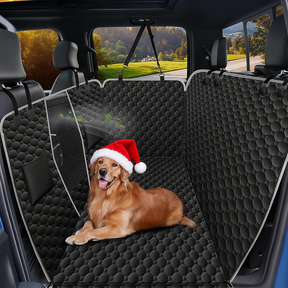 Mancro floor dog hammock full-coverage setup showing back seat protection.