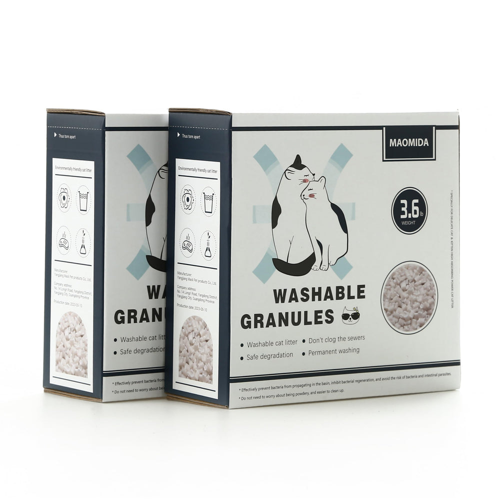 MAOMIDA cat litter box washable granules package showing eco-friendly 7lbs refill option.