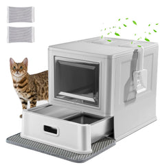 Marchul enclosed stainless-steel cat litter box with lid and drawer keeps odors contained.