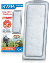 Marina Bio Clear cartridge overview highlighting zeolite ammonia reduction for goldfish tanks.