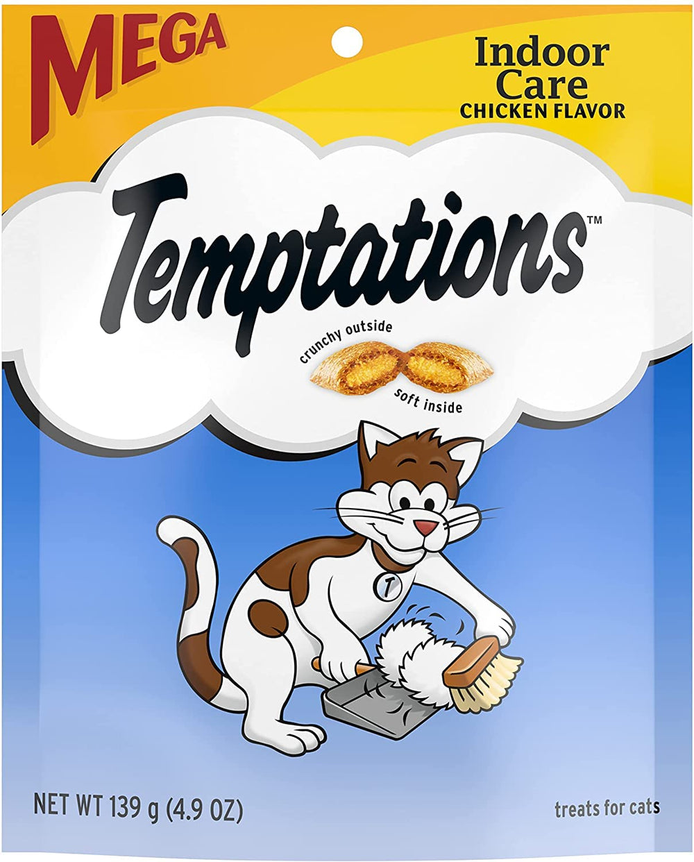 Mars Whiskas Temptations Indoor Care chicken flavor pack front highlights value for multi-cat homes.