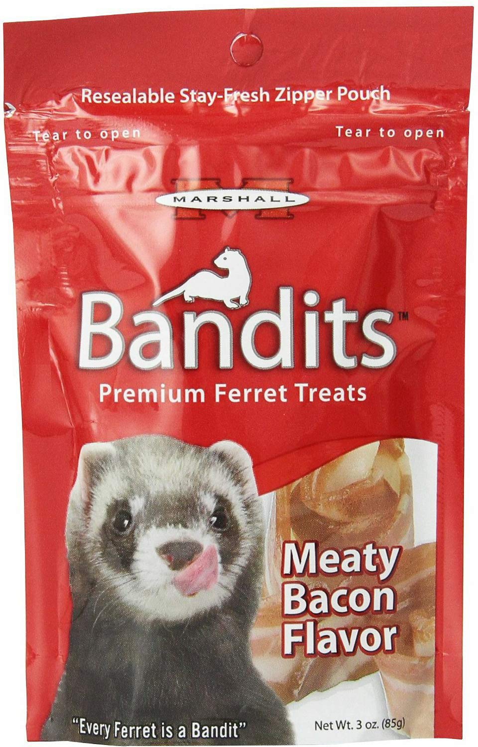 Marshall Bandits Ferret Treats Meaty Bacon 30oz pack showing ten 3oz pouches for rewards.