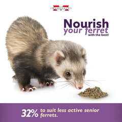 Marshall Premium Ferret Diet Senior Formula kibble close-up highlights high-protein, tasty bite.