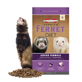 Marshall Premium Ferret Diet Senior Formula packaging highlights senior nutrition for aging ferrets.