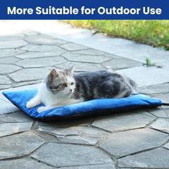 MARUNDA blue heated bed shown for stylish outdoor warmth.
