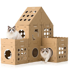 Mawrpet DIY cat scratcher cardboard house front view for cozy play and observation.