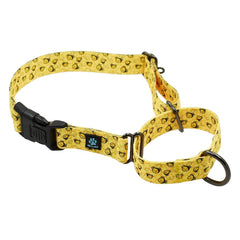 Max and Neo patterned martingale collar, Yellow Bees, front view for daily wear.