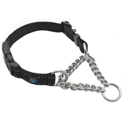 Max and Neo stainless steel chain martingale collar; close-up of durable links for secure control.
