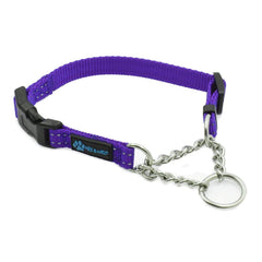 Max and Neo stainless steel martingale collar purple closeup showing durable control for small dogs.