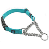 Max and Neo stainless steel chain martingale collar small teal closeup highlights durable hardware