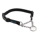 Max and Neo stainless-steel martingale collar closeup shows durable hardware for daily training.