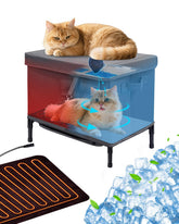 MAXCOM heated-cooling cat shelter with fan cools a sunlit porch for curious cats