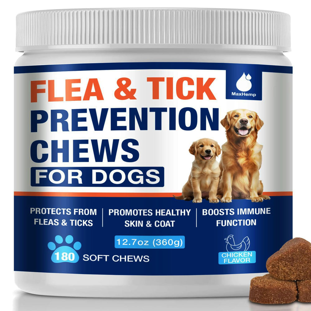MaxHemp dog flea tick chews pack highlighting convenient pest prevention for dogs