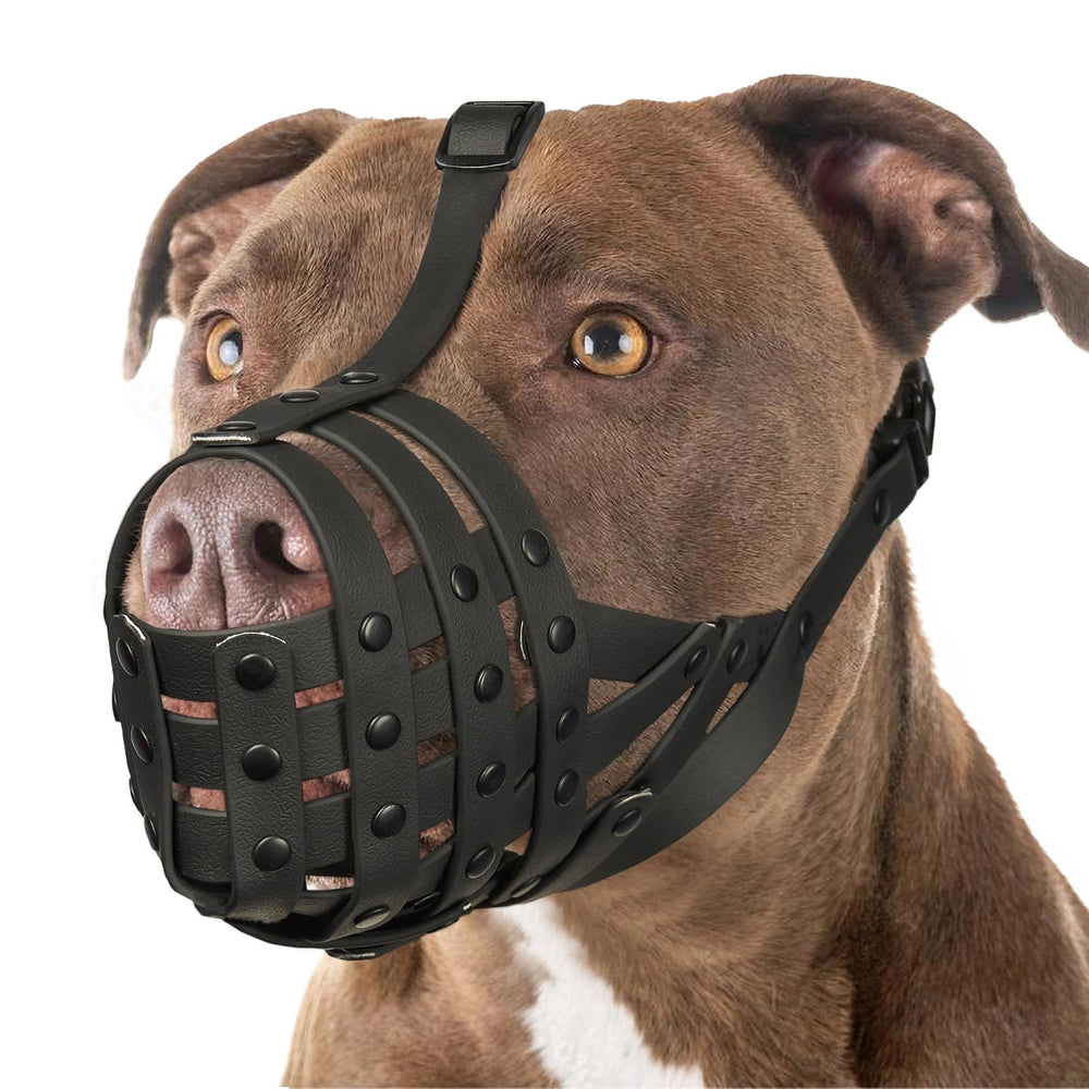 Mayerzon Pitbull Muzzle side view shows adjustable straps for a secure fit during walks