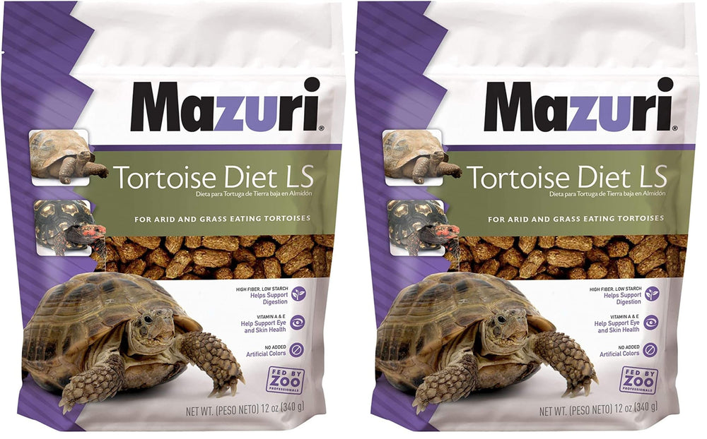 Mazuri Low Starch Tortoise Diet bag label highlights high-fiber, grass-based formula for herbivores.