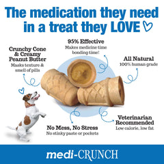 Medi-Crunch peanut butter cone treat image highlighting crunchy disguise for meds.