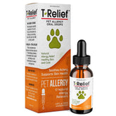 MediNatura T-Relief drops bottle pour for precise pet dosing and allergy support.