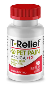 MediNatura T-Relief pet pain tablets bottle shows easy-dose packaging for gentle relief.