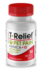 MediNatura T-Relief pet pain tablets bottle shows easy-dose packaging for gentle relief.
