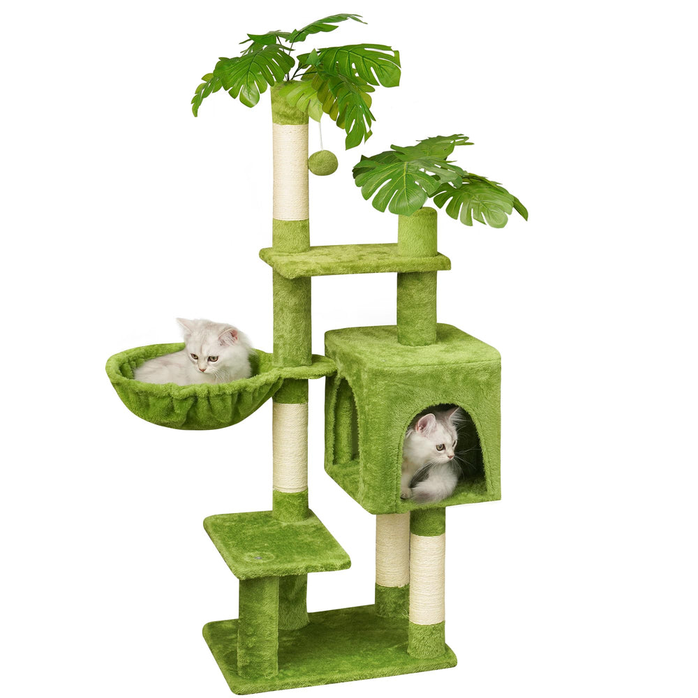 Meecal Green Tall Cat Tree assembly view demonstrates quick setup for cozy kitten space.