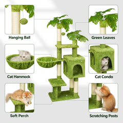 Meecal Green Tall Cat Tree with sisal posts highlights furniture-protecting scratching surfaces.