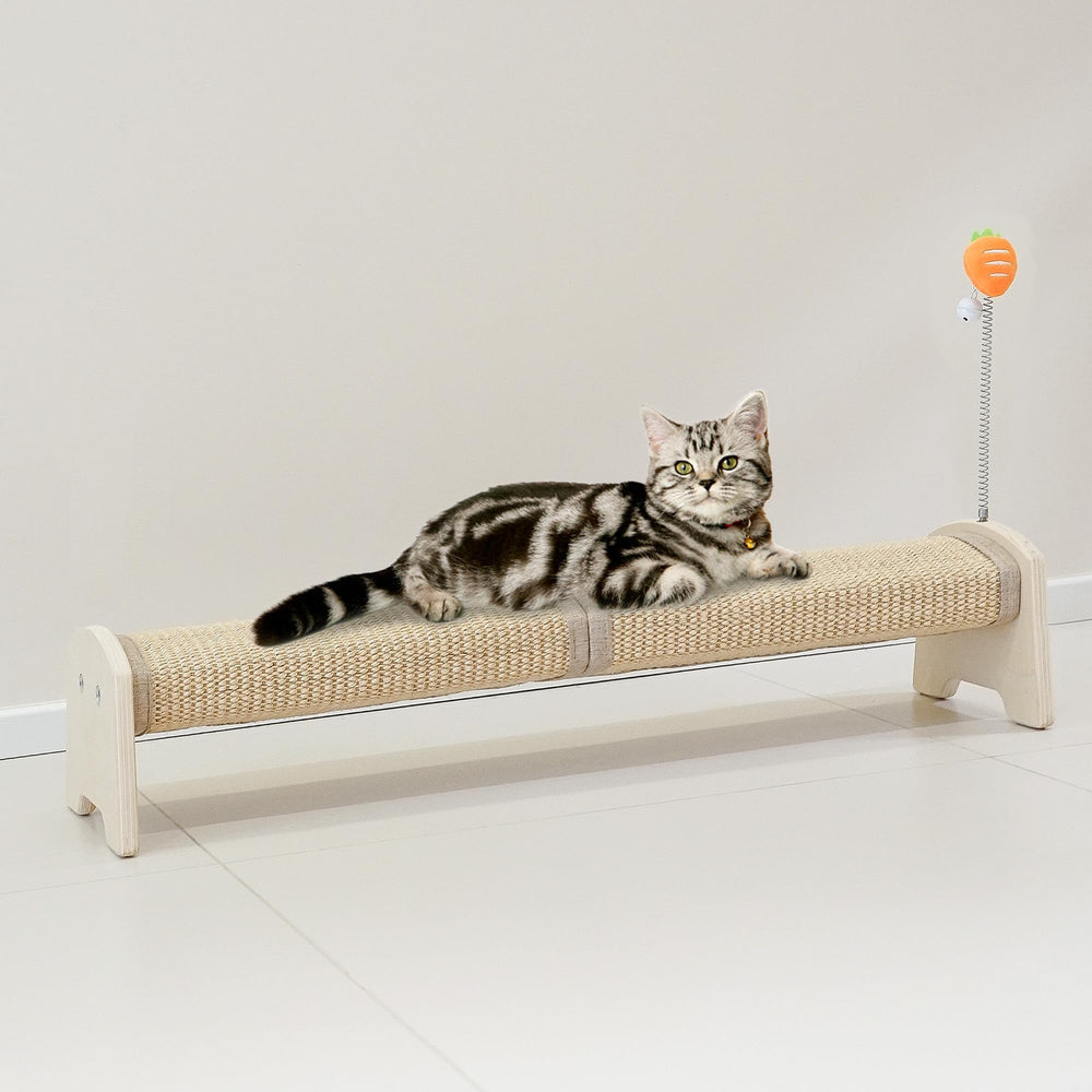 Meeyoview 30in horizontal scratcher on floor for comfortable scratching and stretching.
