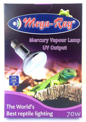 Mega-Ray Mercury Vapor 70W smallest UVB bulb in terrarium for basking heat and UV exposure.