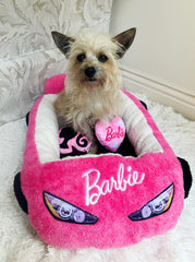 Megatoys Barbie plush car pet bed front view, cozy pink design for dogs and cats.
