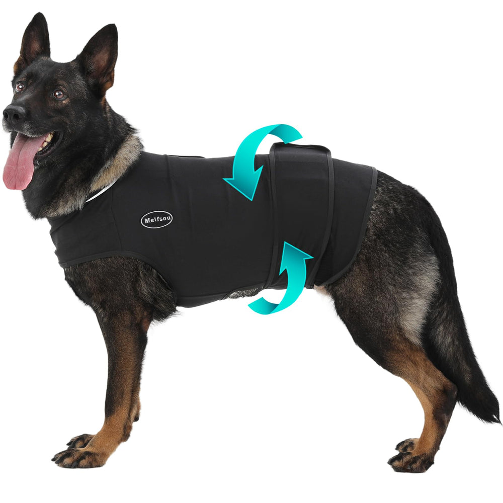 Meifsou dog anxiety vest worn on a dog provides calming support during storms.