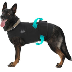 Meifsou dog anxiety vest worn on a dog provides calming support during storms.