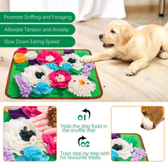 Meilzer Snuffle Mat colorful-flowers view reveals hiding spots for treats during play.