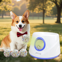 MEKAPLE automatic dog ball launcher blue front view shows easy setup and instant play