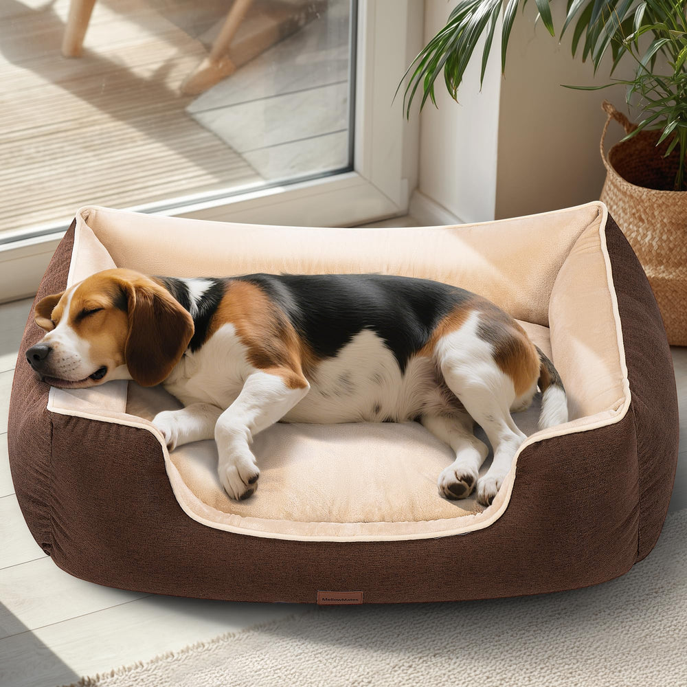 MellowMates orthopedic dog bed front view in brown; roomy sleeping area for large dogs.