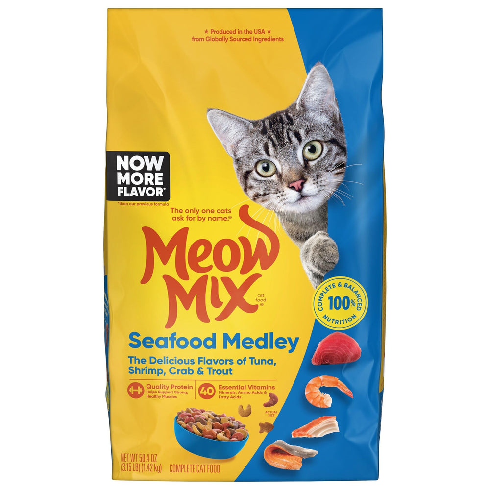 Meow Mix Seafood Medley dry kibble in a bowl highlighting a tasty, healthful meal for cats